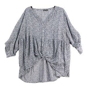 Soiree Womens 3X Floral Button Front Tie‎ Hem Blouse Navy White Rayon Top
